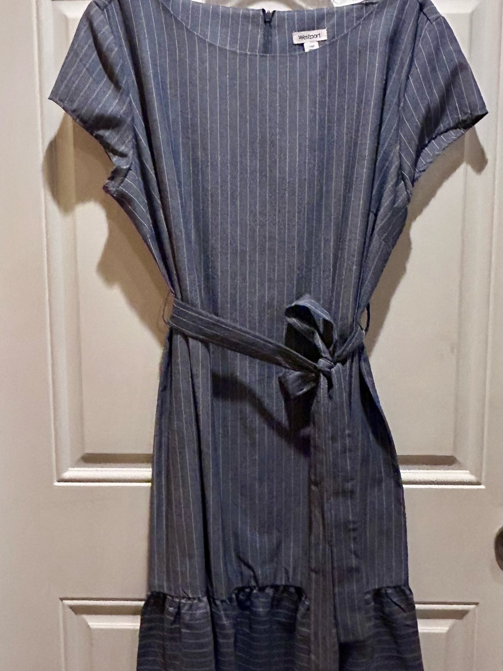 Slate Pinstripe Belted Midi Dress